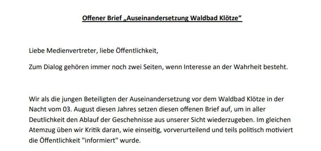 Beginn des Offenen Briefes. Absender ist der „Freundeskreis Klötze“.
