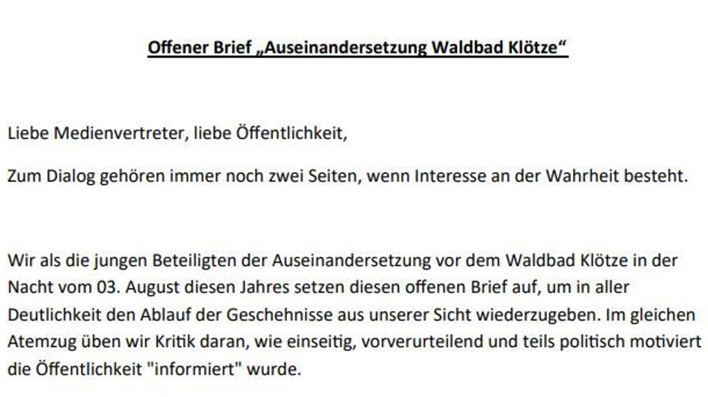 Beginn des Offenen Briefes. Absender ist der „Freundeskreis Klötze“.