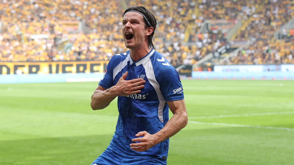 Jean Hugonet traf beim Elb-Clasico zwischen dem 1. FC Magdeburg und Dynamo Dresden zum zwischenzeitlichen 0:1.