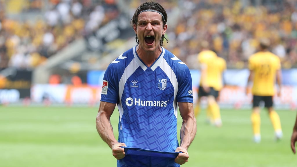 Jean Hugonet jubelt: Der Franzose traf für den 1. FC Magdeburg beim Derby gegen Dynamo Dresden.
