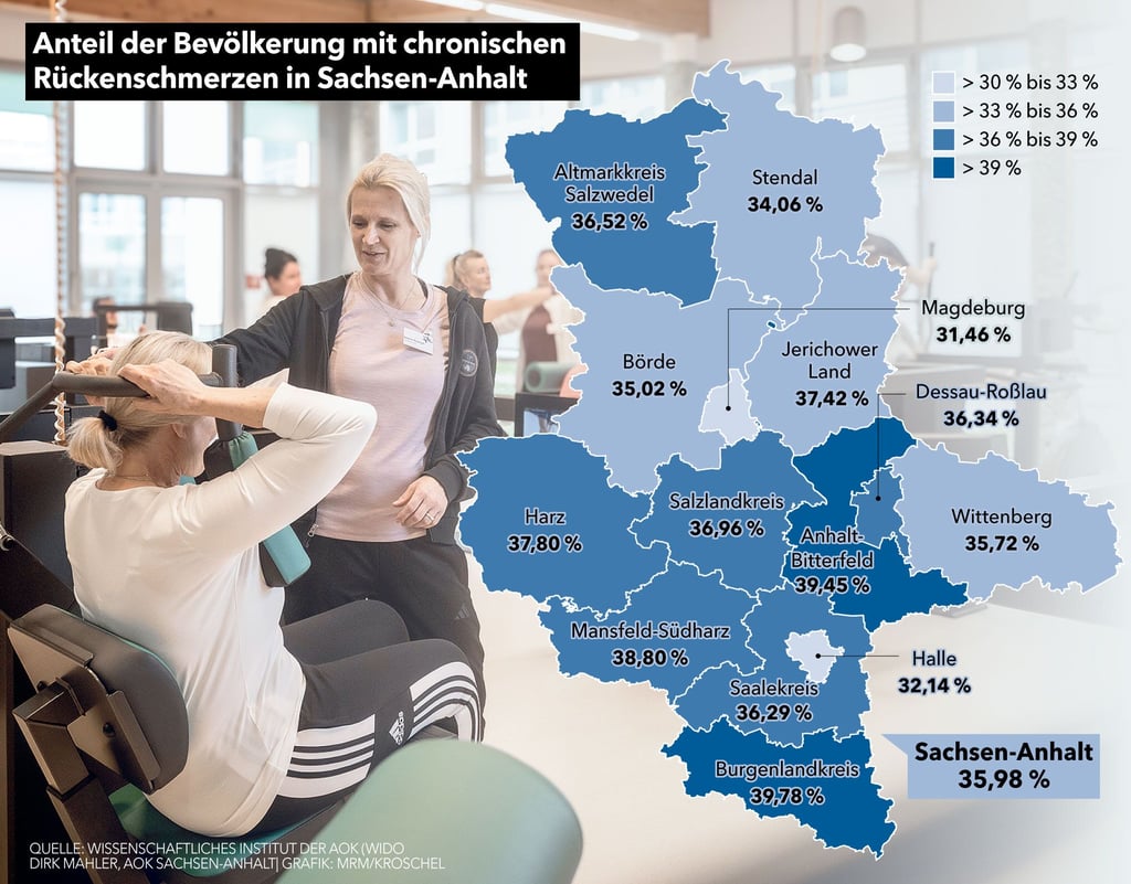 Anteil der Bevölkerung mit Rückenproblemen in Sachsen-Anhalt nach Landkreisen.