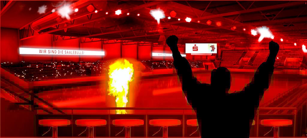 Die Visualisierung zeigt die Atmosphäre, auf die sich Eishockeyfans im Sparkassen-Eisdom künftig freuen dürfen.