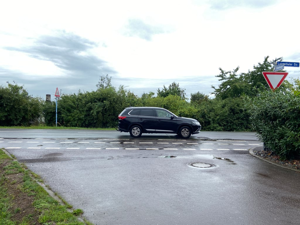 Blick auf die Einmündung Schafanger/Luisenthaler Straße in Magdeburg: Die enge Kurve und dichte Begrünung schränken die Sicht stark ein - eine Herausforderung für alle Verkehrsteilnehmer.