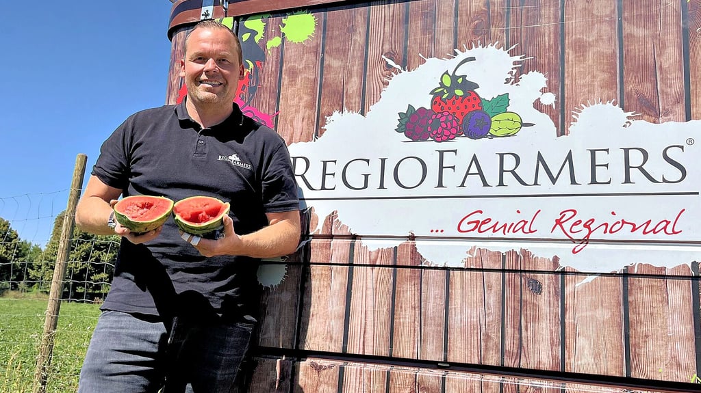 Melonen pflücken bei Halle: Klein, aber saftig und zuckersüß ist diese Melone. RegioFarmers-Chef Peter Meinhardt hat den Geschmack geprüft und ist zufrieden. Natürlich werden auch größere Exemplare angeboten.