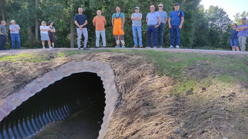 Die Freude über den ersten Meilenstein im Hessener Wegebau ist groß bei Henri Scholz (Strabag AG Gruppe Edlau), Klaus Bogoslaw (Teilnehmergemeinschaft Hessen), Steven Winter (Strabag AG), Thomas Schulze (Verband der Teilnehmergemeinschaften in Sachsen-Anhalt), Klaus Czychon (Teilnehmergemeinschaft Hessen), Bernd Weber (ALFF Mitte) und Hans-Werner Goy (Teilnehmergemeinschaft Hessen), von links. Hier auf dem Brückenbauwerk über der Kalbke auf dem Kolonnenweg W03.