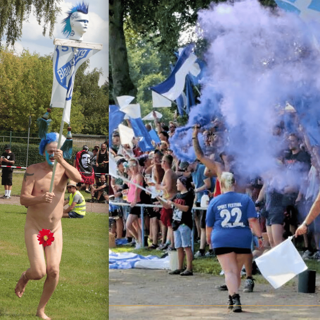 Vollgas mit Fahne: Beim Spirit-Wochenende 2024 in Loburg kam selbst der Flitzer im Vereinsblau daher, zumindest was die Haarfarbe anging. Der Ordner blieb dran, die Zuschauer jubelten.