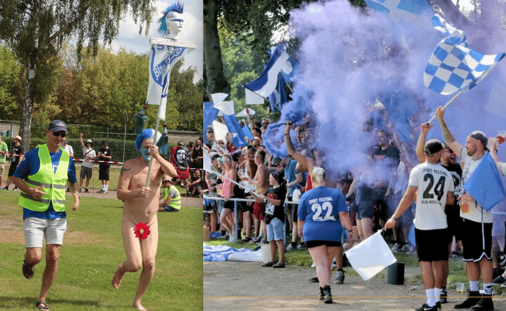 Vollgas mit Fahne: Beim Spirit-Wochenende 2024 in Loburg kam selbst der Flitzer im Vereinsblau daher, zumindest was die Haarfarbe anging. Der Ordner blieb dran, die Zuschauer jubelten.