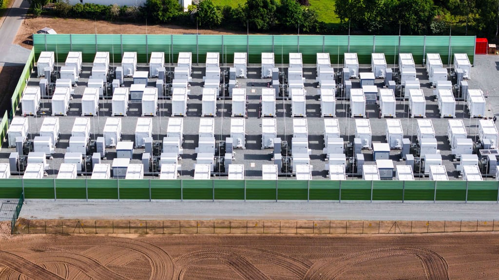 Blick auf eine Batteriespeicheranlage in Bollingstedt (Schleswig-Holstein).