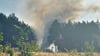 Gestapelte Baumstämme standen in Vollbrand. Das Feuer griff bereits auf den Wald über.