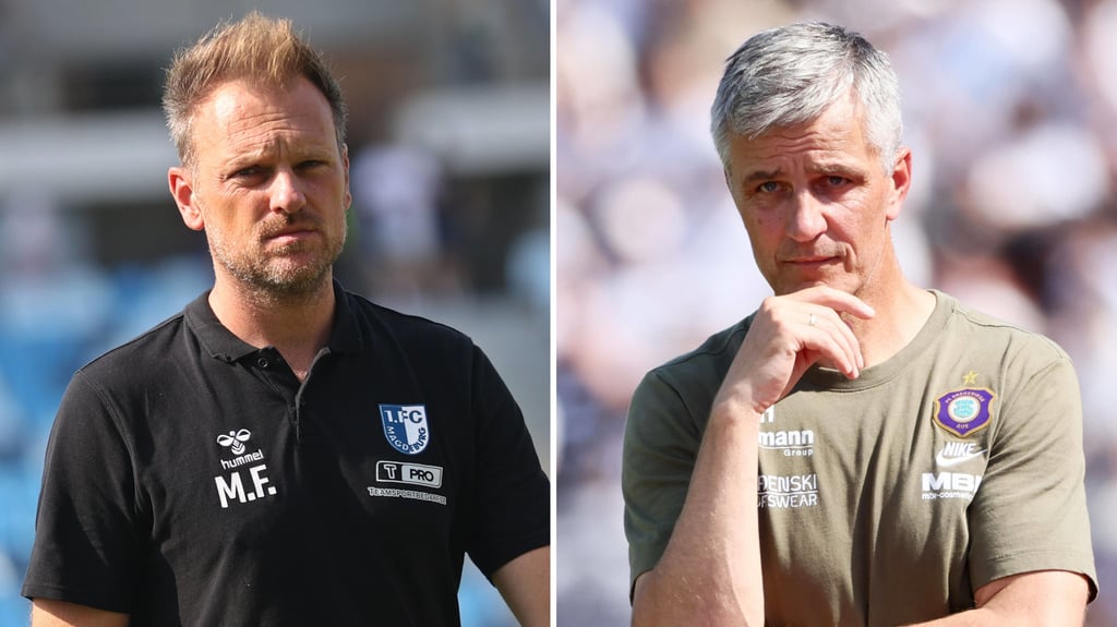 Markus Fiedler (li.), Trainer vom 1. FC Magdeburg, und Jens Härtel, Coach von Erzgebirge Aue.