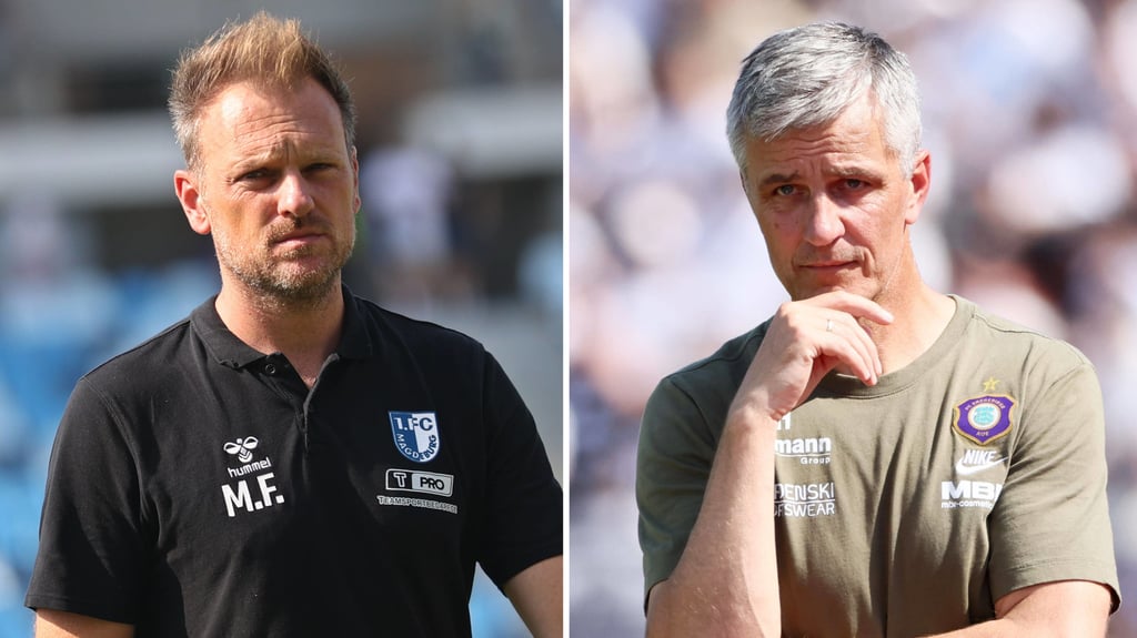 Markus Fiedler (li.), Trainer vom 1. FC Magdeburg, und Jens Härtel, Coach von Erzgebirge Aue.
