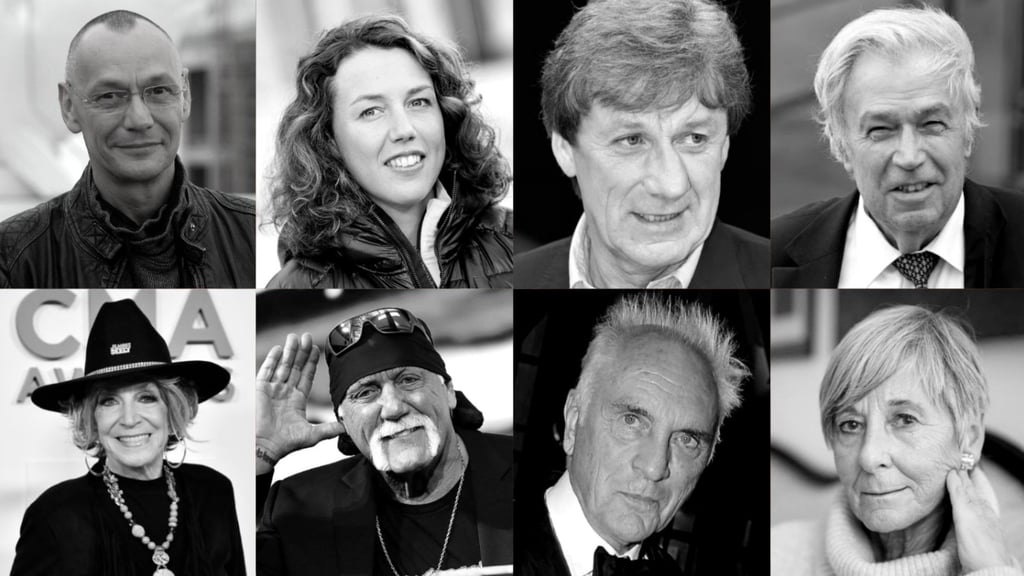 Prominente Todesfälle 2025: oben.v.l.: Torsten Michaelis, Laura Dahlmeier, Frank Mill, Rainer Holbe; unten v.l.: Jeannie Seely, "Hulk" Hogan, Terence Stamp, Doris Gercke