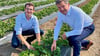 Der Langeneichstädter Landwirt Jacob Hindorf (l.) zeigt Landwirtschaftsminister Sven Schulze (r.) das neue Erdbeerfeld. 