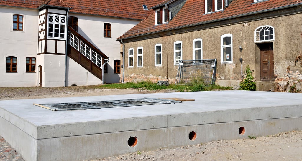 Das sind nun die Reste des Backhauses mit dem Guckloch hinunter zum alten Backofen. Die Glasplatte wird noch eingesetzt. Zudem kommt ein Geländer rings um den Betonkasten.