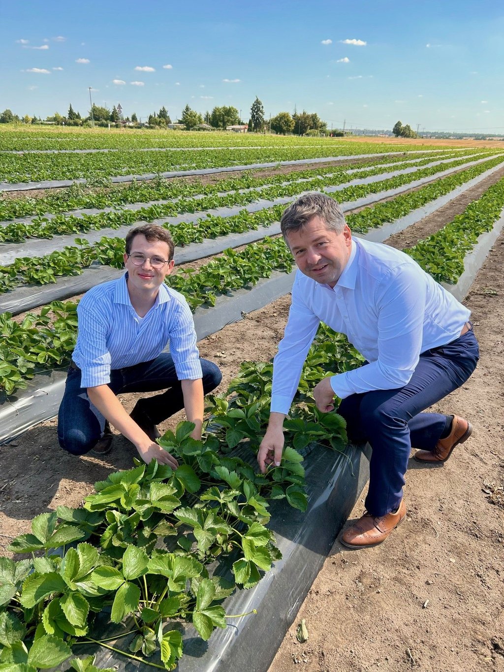 Der Langeneichstädter Landwirt Jacob Hindorf (l.) zeigt Landwirtschaftsminister Sven Schulze (r.) das neue Erdbeerfeld.