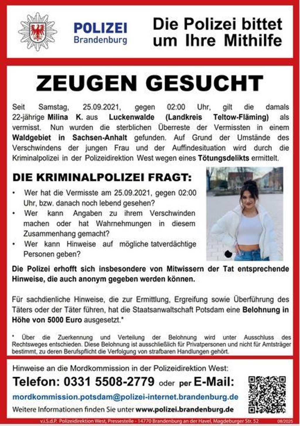 Der Zeugenaufruf der Polizei Brandenburg, der auch von der Polizei in Dessau verbreitet wurde.