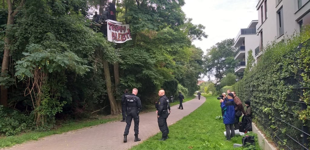 Szene vom Start des Baumhaus-Protestes am Hammersteinweg in Höhe der Hubbrücke in Magdeburg. In sieben Metern Höhe haben die Protestler ihr Baumhaus bezogen.
