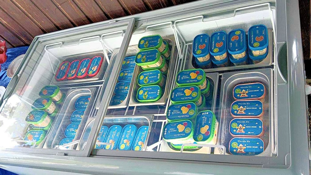 Prallgefüllte Eistruhe mit Florida Eis bei der Genussmanufaktur Lammel im Kurpark Schönebeck.