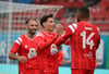 Pierre Weber (M.) und Cyrill Akono (r.) bildeten gegen den FSV Luckenwalde überraschend die Flügelzange des HFC.