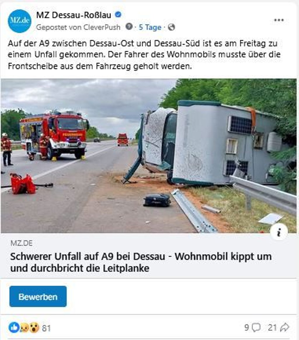 Der Faceboot-Post zum Wohnmobil-Unfall auf der A9 bei Dessau.
