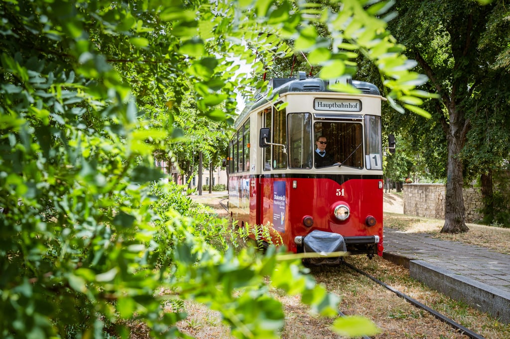 Die Naumburger Straßenbahn auf ihrer Strecke zwischen dem Salztor und dem Hauptbahnhof.