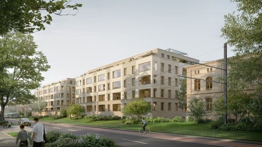 Wohnkomfort für den Südosten Magdeburgs: Die Visualisierung zeigt, wie Neubauten und sanierter Kopfbau (rechts) zur Straße Alt Salbke hin nebeneinander harmonieren könnten.