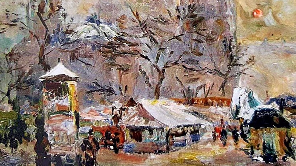 Weihnachtsmarkt in Berlin im Schnee - dieses Bild wurde 1965 in München ausgestellt.