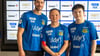 Olympiasieger Fan Zhandong (r) beim 1. FC Saarbrücken zusammen mit Trainer Wang Zhi (M) und seinem Teamkollegen Patrick Franziska.