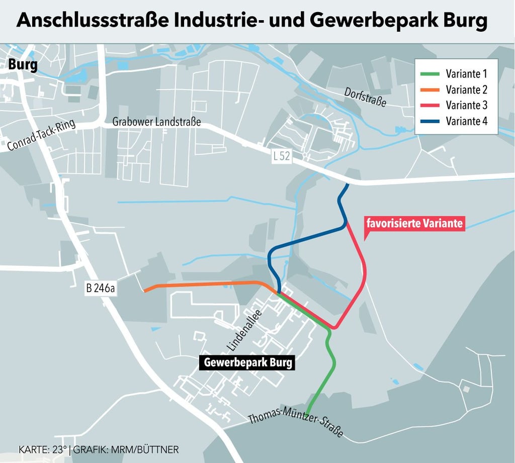 Vier Varianten sind erarbeitet worden, wie der Industrie- und Gewerbepark (IGP) in Burg an die Grabower Landstraße angeschlossen werden kann.