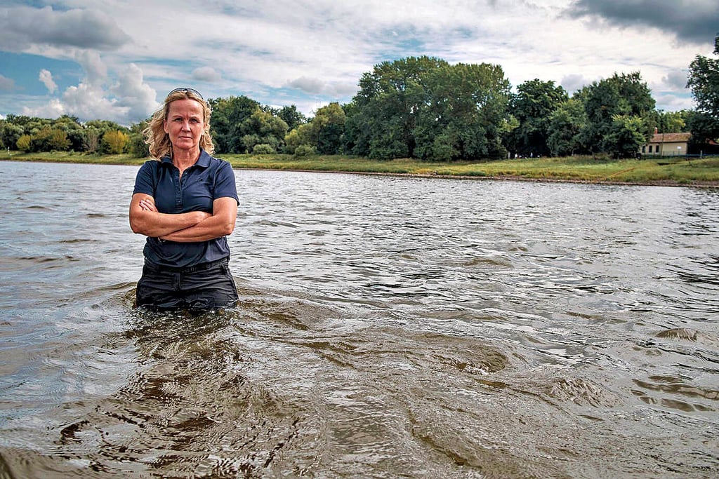 Kein Wasser im Fluss. Steffi Lemke inmitten der Elbe.