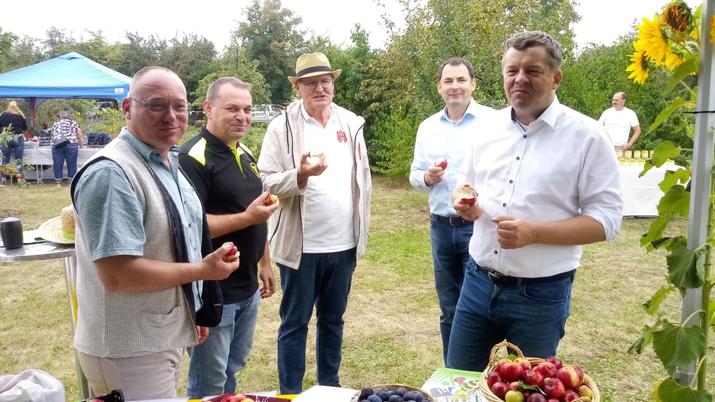 Olaf Weber (von links), Thomas Osterloh, Tino Bauer, Uwe Baier und Minister Sven Schulze beim Apfelessen in Wanzleben. Sie haben sich allesamt schon an der Obstvielfalt in diesem Jahr gelabt.