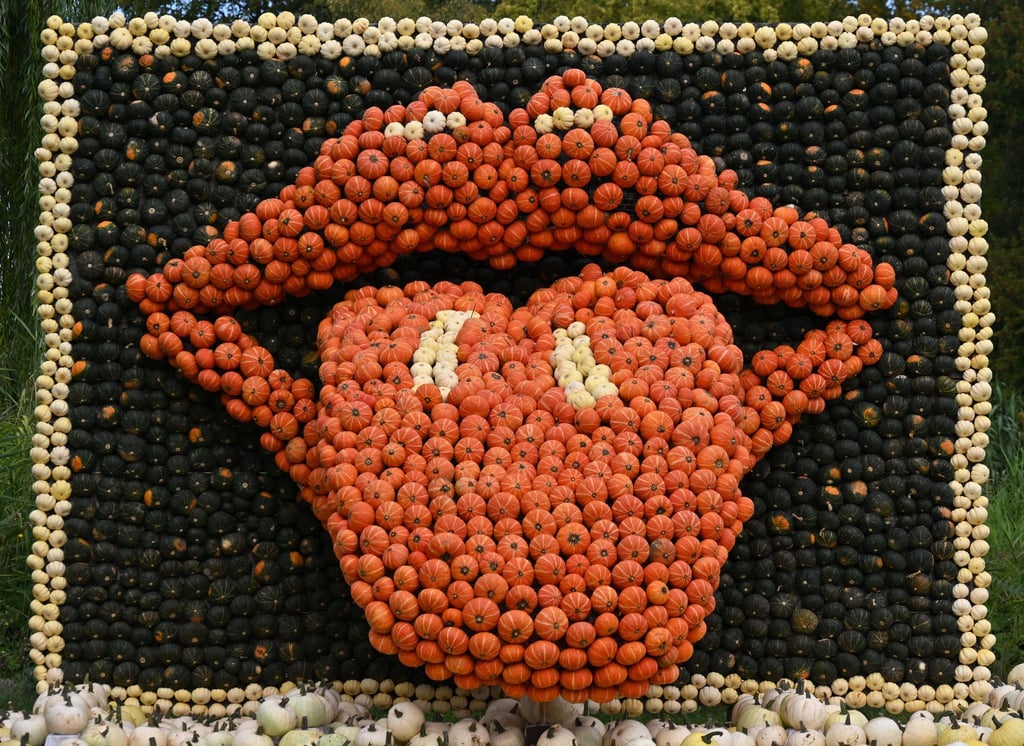 Hunderte Kürbisse sind für die Nachbildung des Zungenlogo der Rolling Stones zusammengefügt. Die Skulptur ist Teil der traditionellen Kürbisausstellung im egapark. Die Ausstellung ist bis 31. Oktober 2025 geöffnet.