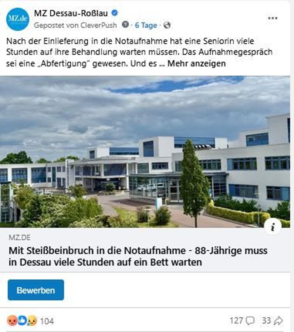 Der Facebook-Post zum Klinikum-Artikel über die Notaufnahme in Dessau.