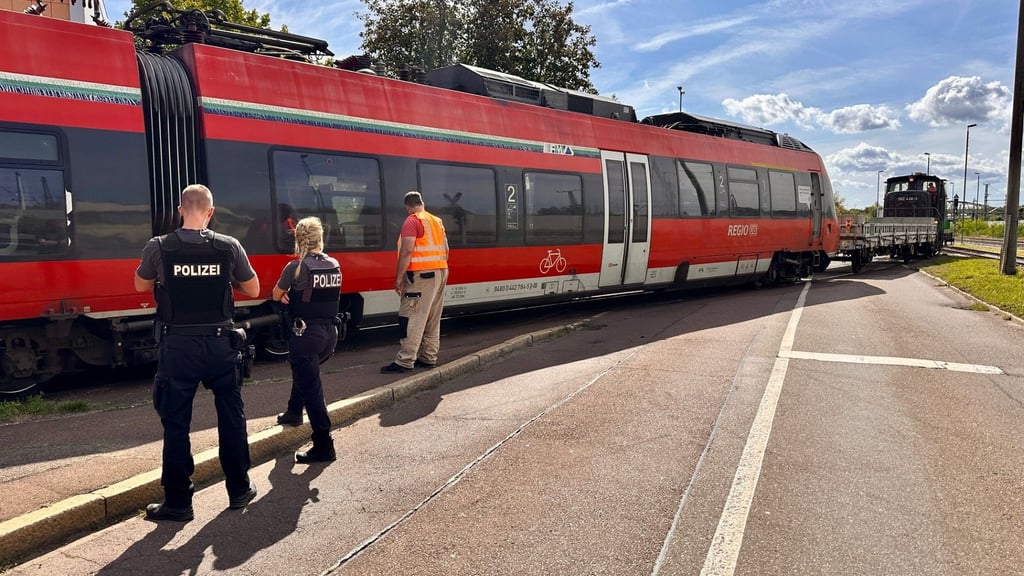 Eine Lok schob den entgleisten Zug auf das Werkgelände in Ammendorf zurück.