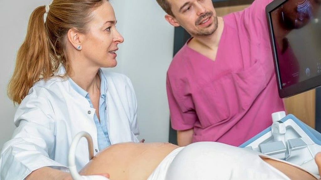 Bei Ultraschall-Untersuchungen kann Prof. Dr. Stephanie Wallwiener, hier mit Oberarzt Dr. Marcus Riemer und einer Schwangeren, am Perinatalzentrum des Universitätsklinikums in Halle Diagnosen frühzeitig stellen.