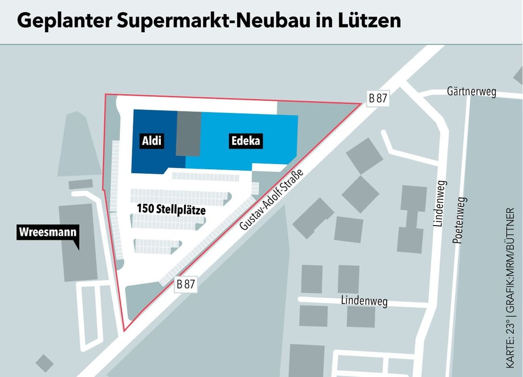 Auf einer rund 1,4 Hektar großen Fläche mit dreieckigem Grundriss direkt an der B87 in Lützen sollen ein Aldi und ein Edeka entstehen.