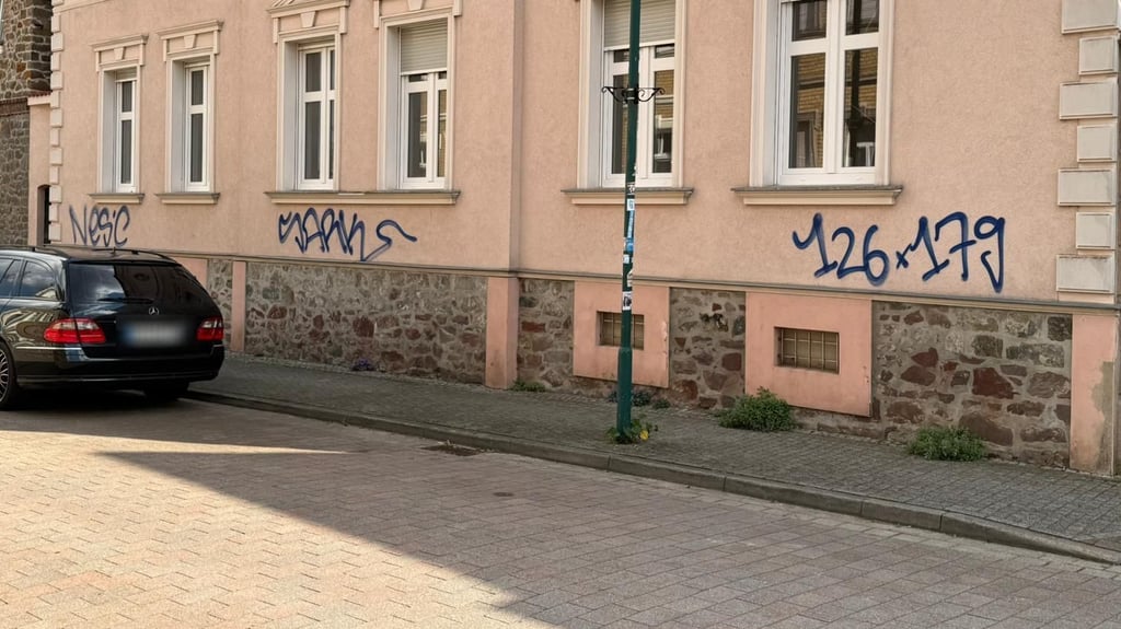 In Barleben wurden Anwohner einer ganzen Straße beim Aufstehen von zahlreichen illegalen Graffiti überrascht. 36 Schmierereien ziehen sich die Straße entlang.
