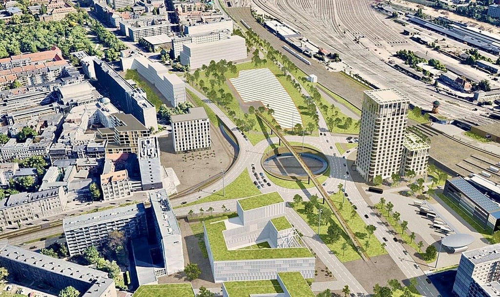 So ordnet sich der Hotelneubau auf dem Riebeckplatz ein. Nördlich des Rondells (schraffierte Fläche) wird das Zukunftszentrum stehen.