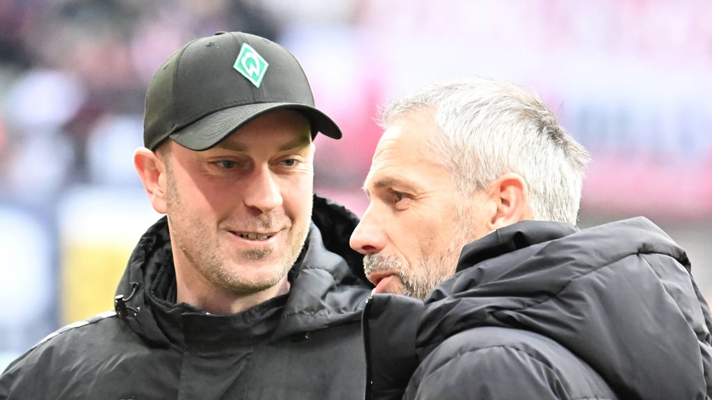Ole Werner (l.) und Marco Rose bei einem Bundesligaspiel zwischen Bremen und RB Anfang 2025.