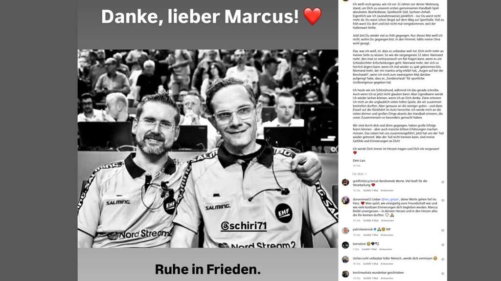 Auf Instagram nimmt Lars Geipel Abschied von seinem langjährigen Handball-Kollegen Marcus Helbig.