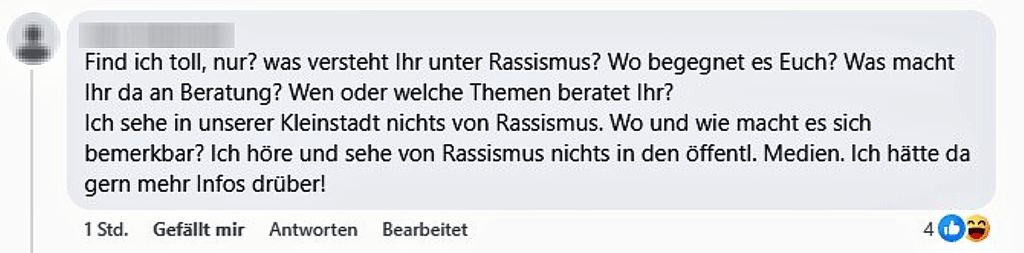 Diese Facebook-Nutzerin hinterfragt, ob es überhaupt Rassismus in kleineren Städten gibt.