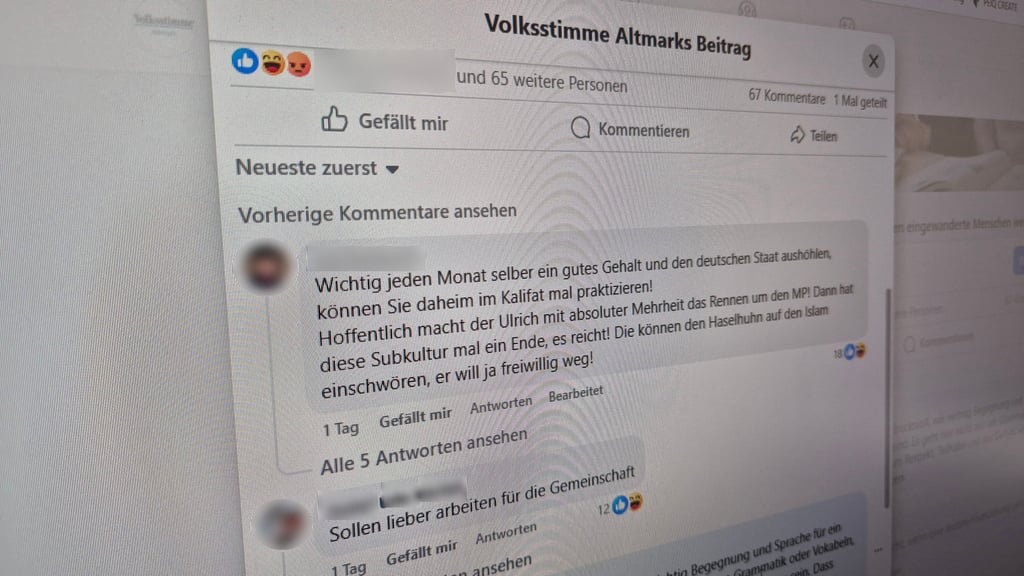 Ein Ausriss der Kommentare unter dem Beitrag „Frauen vom Café Merhaba wollen eingewanderte Menschen weiter unterstützen“ auf der Facebook-Seite „Volksstimme Altmark“.