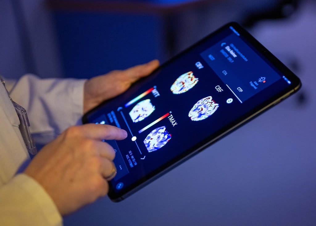Gehirnbilder eines Patienten in einer KI-basierten App. Nach einer Deloitte-Umfrage sehen viele Bürgerinnen und Bürger den Einsatz von KI in der Medizin skeptisch, vor allem wenn es um die Therapie geht. (Symbolbild)