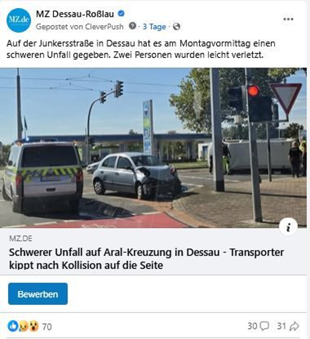 Der Facebook-Post zum schweren Unfall an der Kreuzung Junkersstraße und Mannheimer Straße in Dessau.