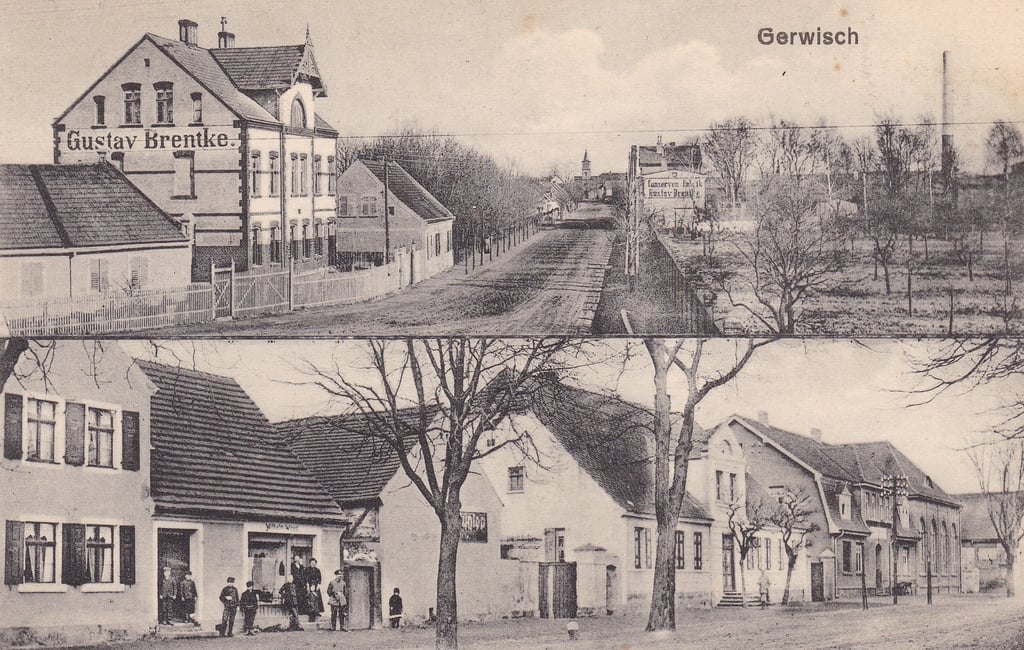 Die Ansichtskarte von 1921 bietet einen Blick über den Breiten Weg und die Bahnhofstraße mit der Konservenfabrik Gustav Brentke. Sowohl die verkehrsgünstige Lage als auch die frühe Ansiedlung von Fabriken spielte eine entscheidende Rolle für die Entwicklung vom kleinen Ort zum großen Industriedorf.