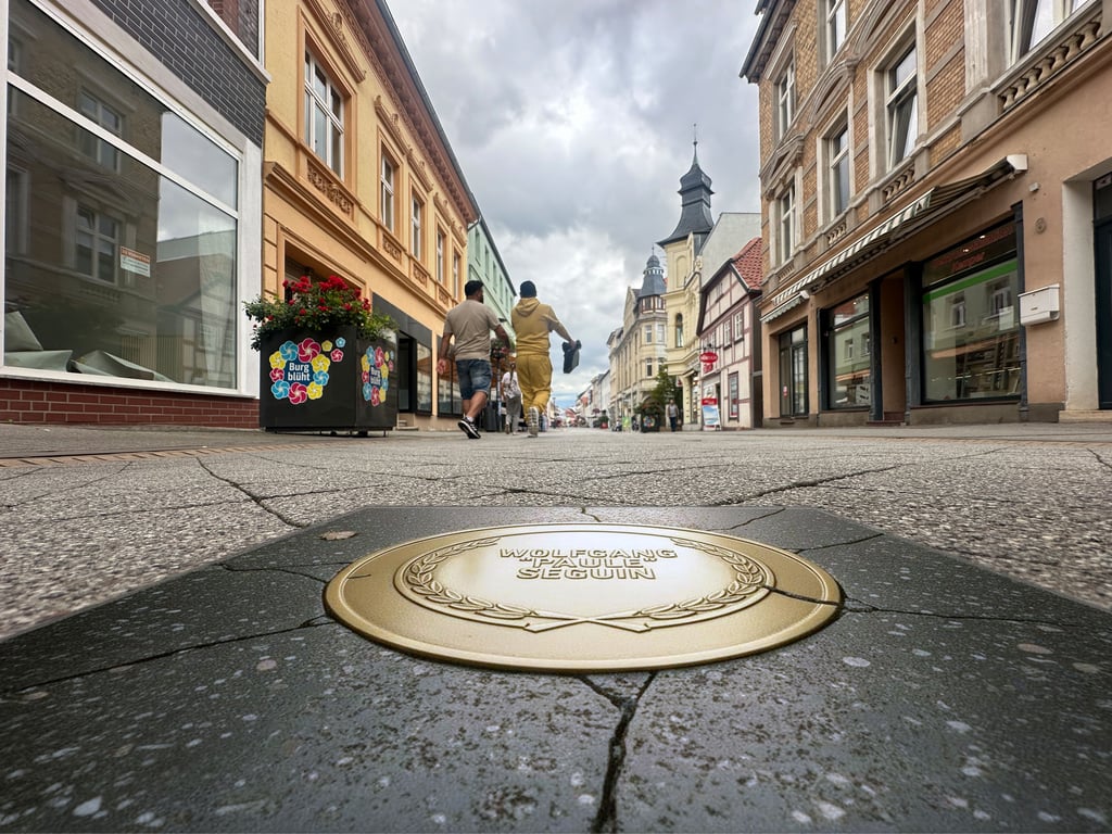 Wie so ein Walk of Fame in Burg aussehen könnte, zeigt diese Bildmontage: Ehrenkachel Wolfgang "Paule" Seguin auf der Schartauer Straße.