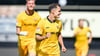 Torschütze Jakob Lemmer (vorne, Dynamo Dresden) jubelt mit Christoph Daferner (Dynamo Dresden) über das Tor zum 1:2.
