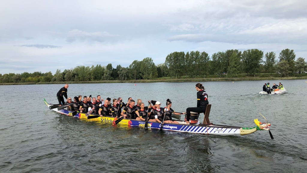 Zwanzig Paddler plus Schlag- und Steuermann sitzen beim Rennen in einem Drachenboot. Auf dem Foto sind die „H-Dragons“ aus Dessau-Roßlau zu sehen, die auf dem Mondsee gegen acht andere Teams antraten.