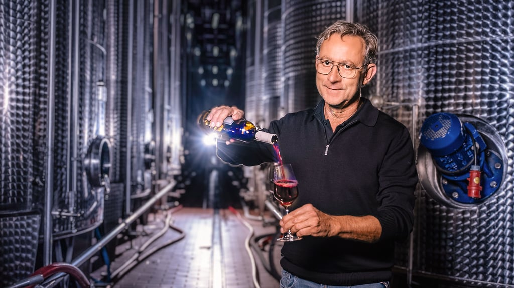 Hartmut Schreiter steht im Weinkeller der Winzervereinigung in Freyburg. Bis zu 40.000 Liter fasst ein einzelner Edelstahltank.