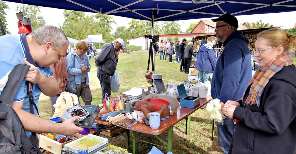 Der Flohmarkt in Klötze fand dieses Jahr zum 13. Mal statt. Die meisten Händler sind aus der Stadt und aus Spaß an der Freude dabei, wie Jeannette und Guido Koch (von rechts), die klassischen Trödel und auch Selbstgenähtes anboten.